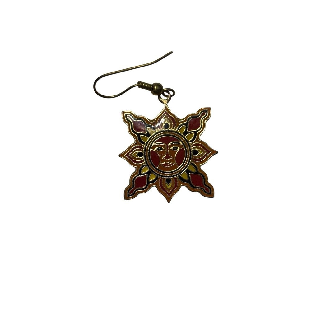 Vintage Gold Tone Red Orange Yellow Enamel Smiling Sun Pierced Dangle Earrings